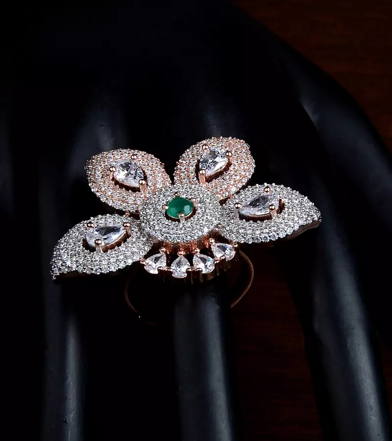 Emerald Embellished Rose Gold Plated Designer American Diamond Finger Ring FR15