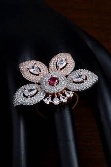 Ruby Embellished Rose Gold Plated Designer American Diamond Finger Ring FR16