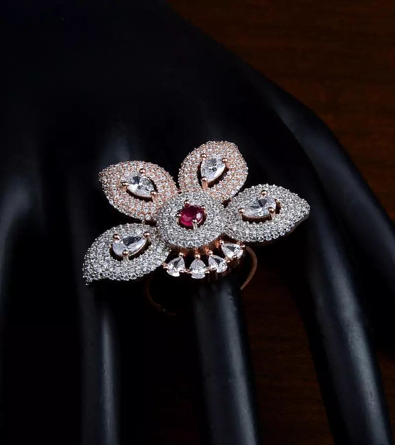 Ruby Embellished Rose Gold Plated Designer American Diamond Finger Ring FR16