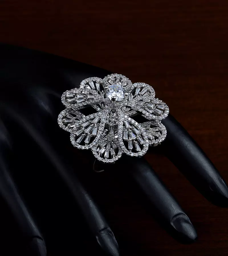 Rhodium Plated Designer American Diamond Finger Ring FR18