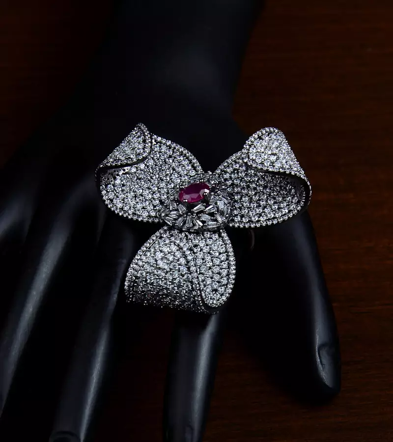 Ruby Embellished Rhodium Plated Designer American Diamond Finger Ring FR24