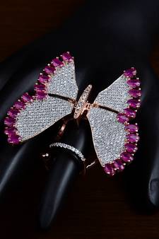 Ruby Embellished Rose Gold Plated Designer American Diamond Finger Ring FR25