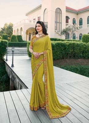 Light yellow embroidered silk saree with blouse 1