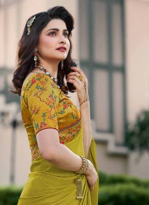 Light yellow embroidered silk saree with blouse 2