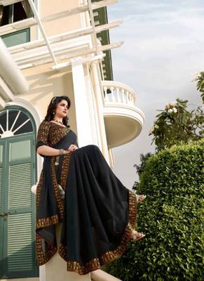 Black embroidered silk saree with blouse 3