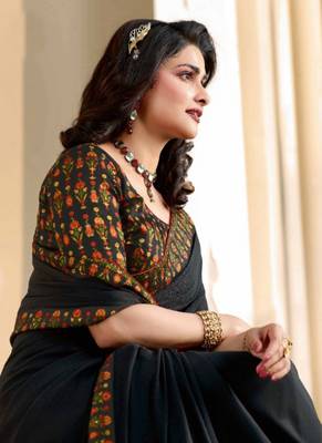 Black embroidered silk saree with blouse 4