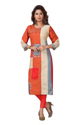 Ladies Cotton Designer Patch Work Orange Kurti 1