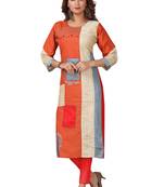Ladies Cotton Designer Patch Work Orange Kurti