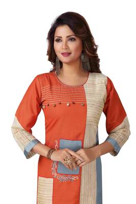 Ladies Cotton Designer Patch Work Orange Kurti 2