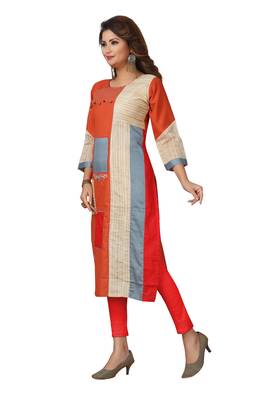Ladies Cotton Designer Patch Work Orange Kurti 3