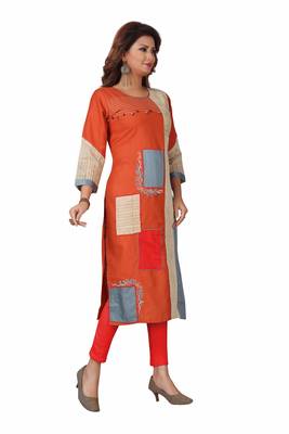 Ladies Cotton Designer Patch Work Orange Kurti 4