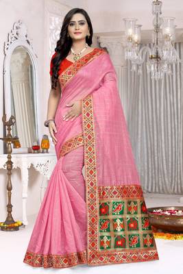 Pink printed chanderi saree with blouse 3