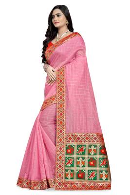 Pink printed chanderi saree with blouse 1