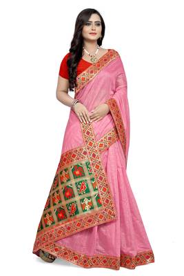 Pink printed chanderi saree with blouse 4