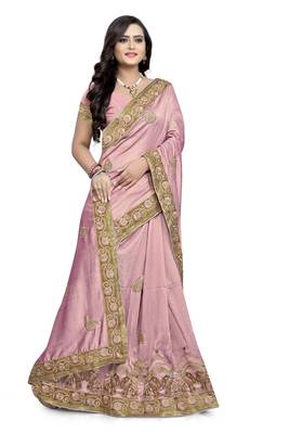 Light pink embroidered silk saree with blouse 4