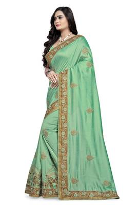 Light green embroidered silk saree with blouse 3