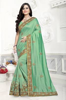 Light green embroidered silk saree with blouse 4