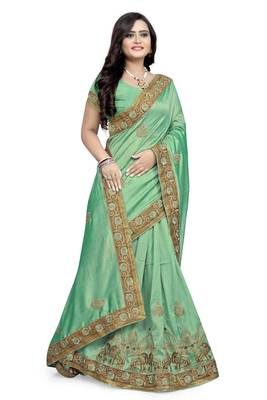Light green embroidered silk saree with blouse 1