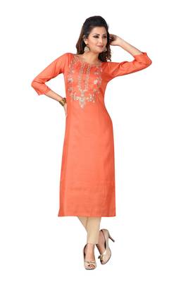 MAJESTIN Ladies Dola Silk Orange Kurti 1