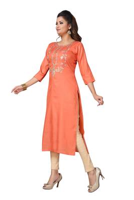 MAJESTIN Ladies Dola Silk Orange Kurti 2