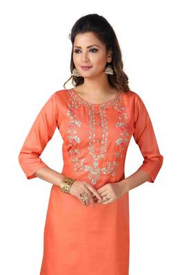 MAJESTIN Ladies Dola Silk Orange Kurti 5