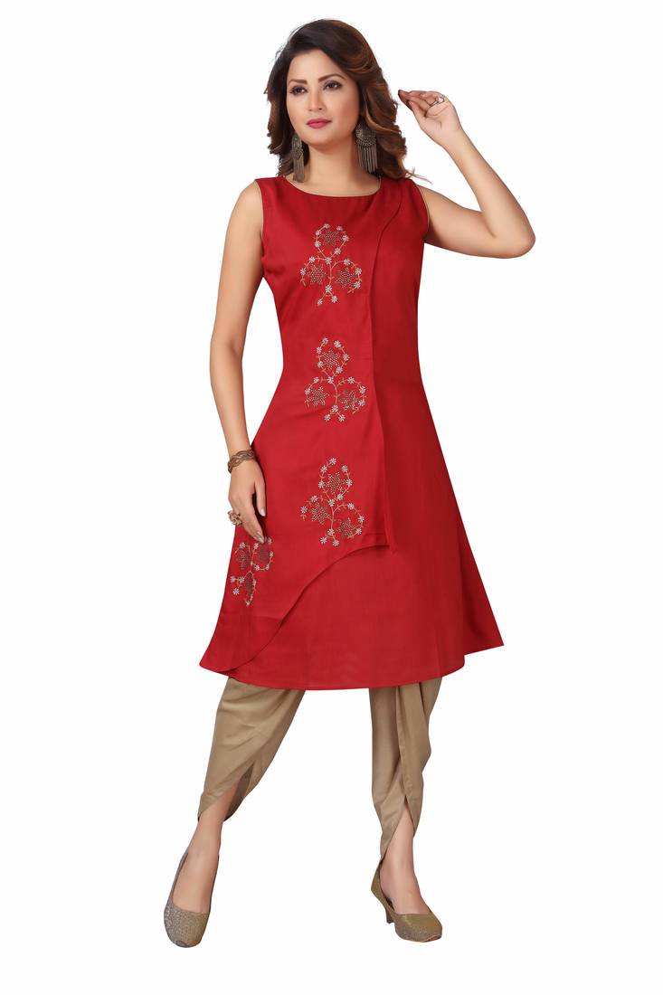 MAJESTIN Ladies Muslin Maroon Kurti And fone Dhoti Set