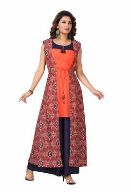 MAJESTIN Ladies Reyon Orange Kurti Navy Blue Plazo And Digital Print Jacket Set 1