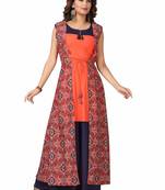 MAJESTIN Ladies Reyon Orange Kurti Navy Blue Plazo And Digital Print Jacket Set
