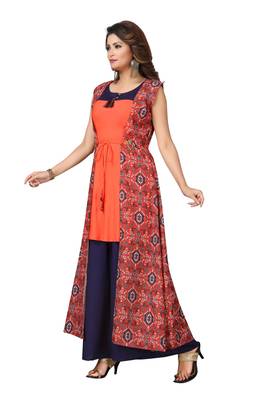 MAJESTIN Ladies Reyon Orange Kurti Navy Blue Plazo And Digital Print Jacket Set 2