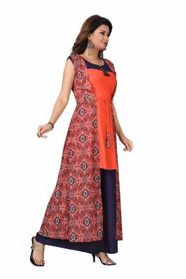 MAJESTIN Ladies Reyon Orange Kurti Navy Blue Plazo And Digital Print Jacket Set 3