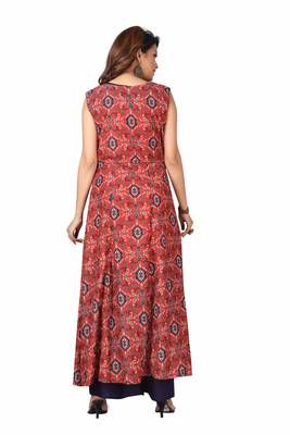 MAJESTIN Ladies Reyon Orange Kurti Navy Blue Plazo And Digital Print Jacket Set 4