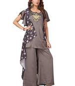 MAJESTIN Ladies Dola Silk Grey Kurti Plazo And Digital Print Jacket Set