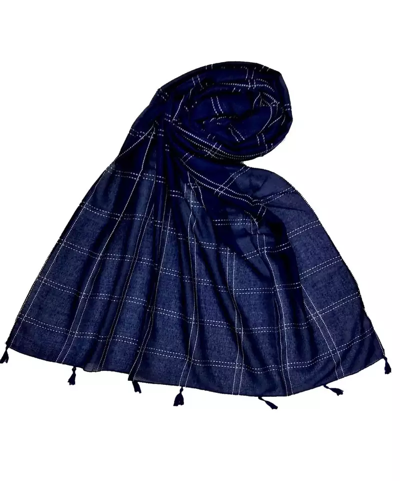 Stole for Women - Most Sold - White Threaded Grid Hijab - Blue