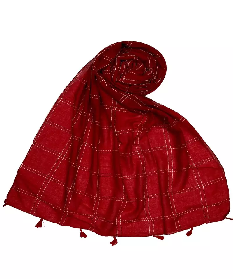 Stole for Women - Most Sold - White Threaded Grid Hijab - Maroon