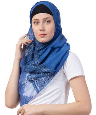 Stole For Women - Premium Cotton - Best Selling Product - Designer Diamond Studed Hand Work Hijab - Blue 1