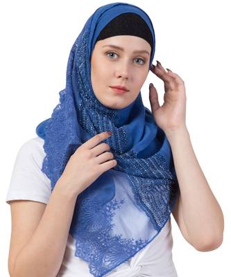 Stole For Women - Premium Cotton - Best Selling Product - Designer Diamond Studed Hand Work Hijab - Blue 2