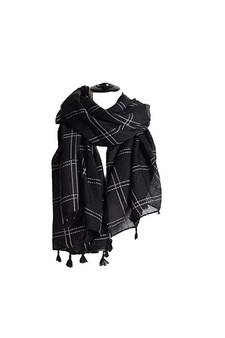 Stole For Women - Designer Hand Work White Threaded Square Grid Hijab - Black