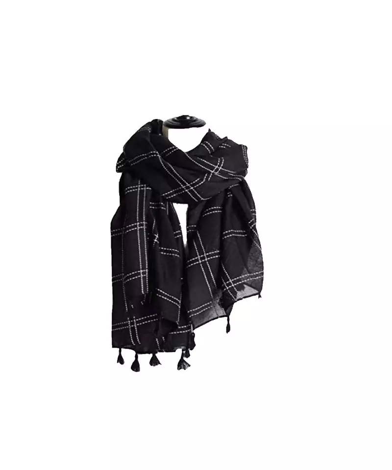Stole For Women - Designer Hand Work White Threaded Square Grid Hijab - Black