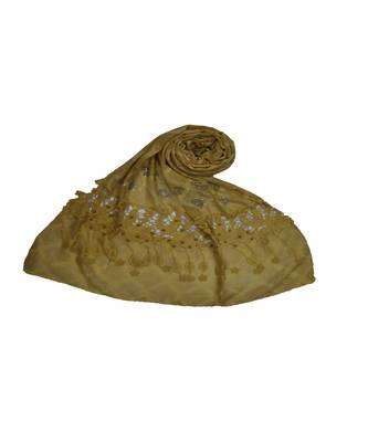 Premium Collection - Cotton Fabric - Diamond Work Heavy Lace Hijab With Fringe's All Over The Stole - Yellow 1
