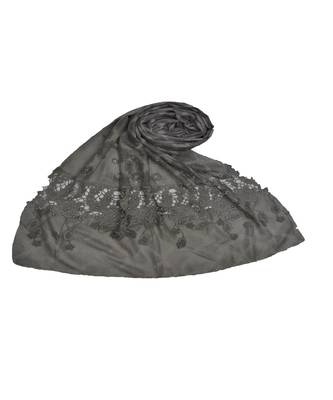 Premium Collection - Cotton Fabric - Diamond Work Heavy Lace Hijab With Fringe's All Over The Stole - Grey 1