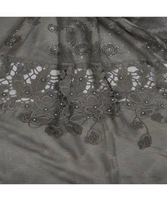 Premium Collection - Cotton Fabric - Diamond Work Heavy Lace Hijab With Fringe's All Over The Stole - Grey 4