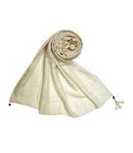 Best Selling Stole - Premium Cotton Fabric - Circular Design All Over The Stole With Fringe's At The Border - Cream