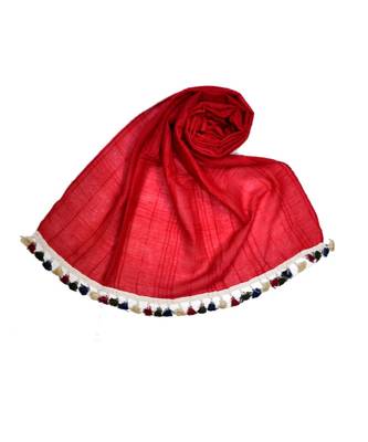 Premium Crush Cotton Fabric - Designer Party Wear Striped Liner Stole With Colourful Fringe's - Red 1