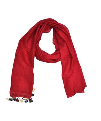 Premium Crush Cotton Fabric - Designer Party Wear Striped Liner Stole With Colourful Fringe's - Red 2