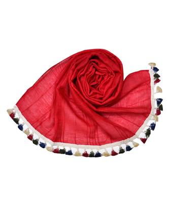 Premium Crush Cotton Fabric - Designer Party Wear Striped Liner Stole With Colourful Fringe's - Red 3
