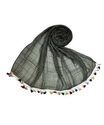 Premium Crush Cotton Fabric - Designer Party Wear Striped Liner Stole With Colourful Fringe's - Grey 1