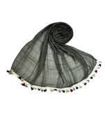 Premium Crush Cotton Fabric - Designer Party Wear Striped Liner Stole With Colourful Fringe's - Grey