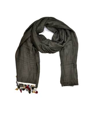 Premium Crush Cotton Fabric - Designer Party Wear Striped Liner Stole With Colourful Fringe's - Grey 2