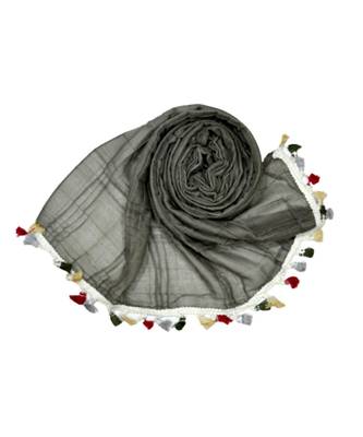 Premium Crush Cotton Fabric - Designer Party Wear Striped Liner Stole With Colourful Fringe's - Grey 3