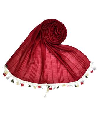 Premium Crush Cotton Fabric - Designer Party Wear Striped Liner Stole With Colourful Fringe's - Maroon 1